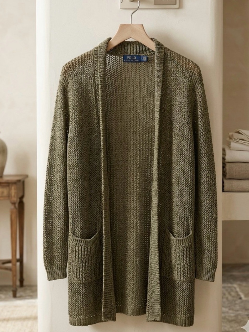 Vintage 90’s Polo by Ralph Lauren size L Olive Open-Front Cardigan 100% linen